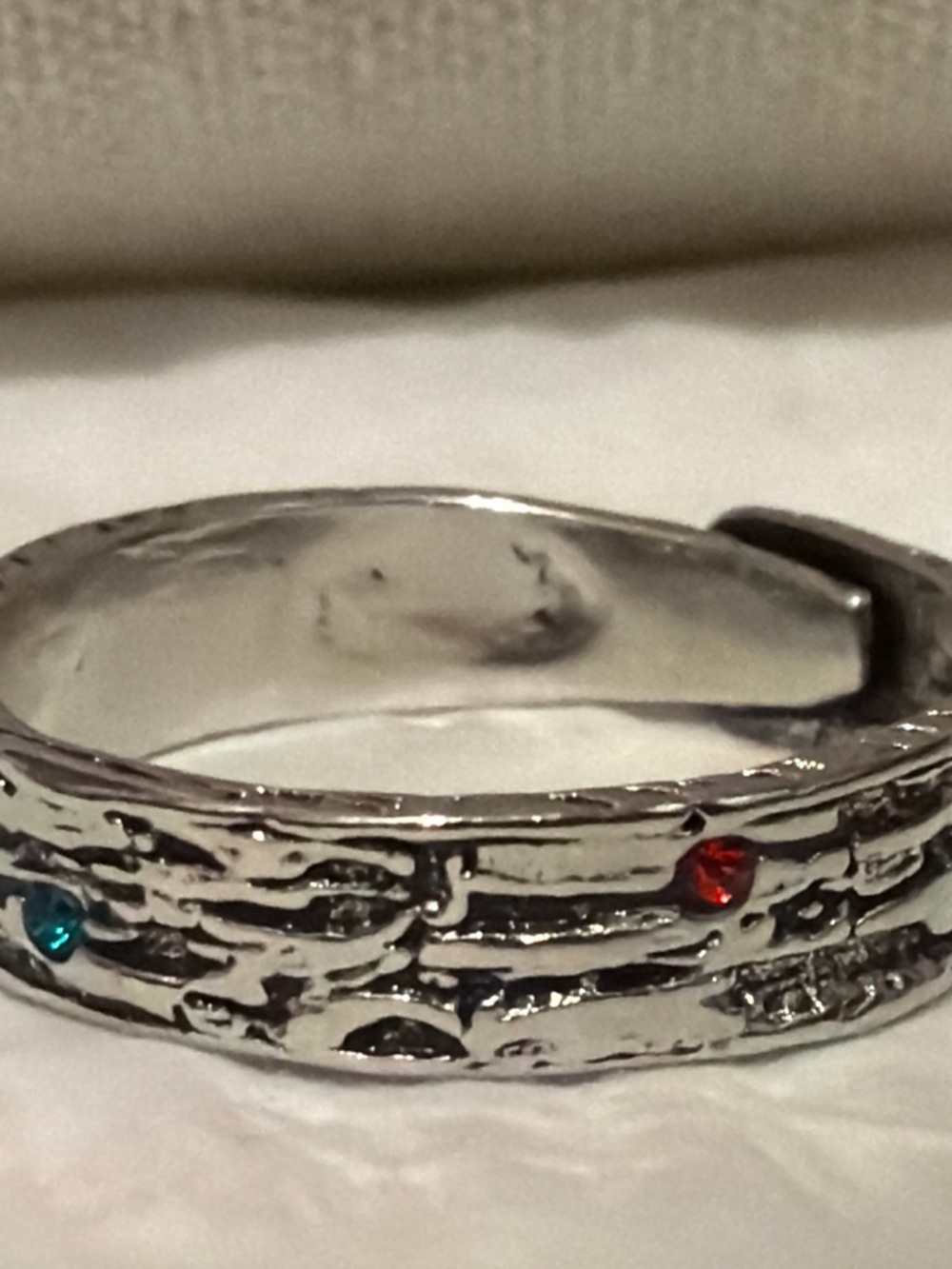 Silver Textured Band Ring with Red and Teal Accents